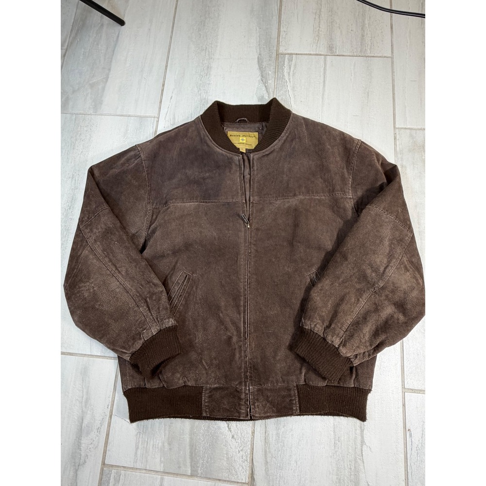 Boston Harbour Brown Suede Leather Bomber Jacket Mens Large Full Zip Outdoor